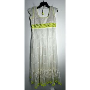 Rhythm Bohemian Romantic Women’s Midi Dress Ruffle Lace Ivory Neon Size XL
